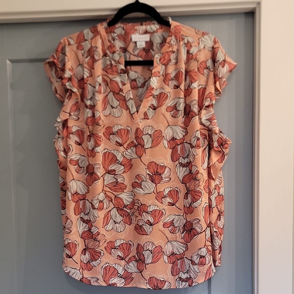 Liz Claiborne Peach Floral V-Neck Blouse